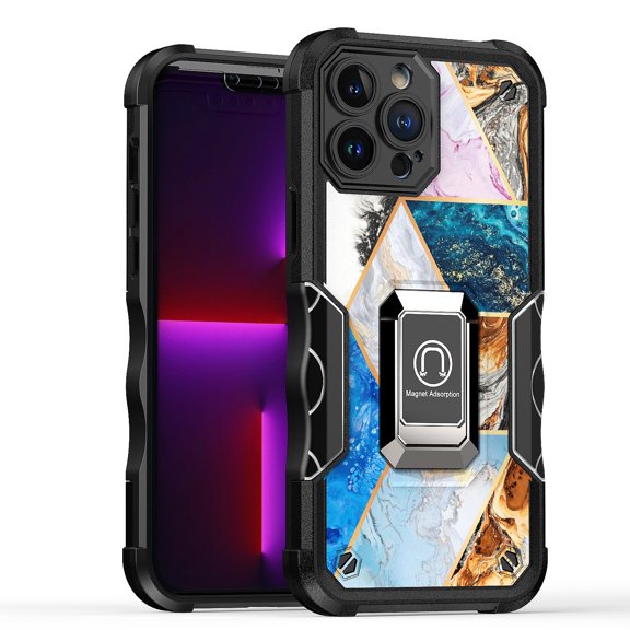 For iPhone 14 Pro (6.1") Marble IMD Stone Design Hybrid Armor Magnetic Ring Stand Kickstand Heavy Duty Rugged Cover ,Xpm Phone Case [ Natural Marble ]