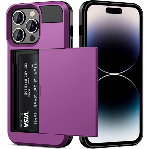 For iPhone 14 Pro Case Wallet Credit Card Holder ID Slot Sliding Door Hidden Pocket Men Women Anti-Scratch Dual Layer Hybrid Bumper Protective Shell Back Cover for iPhone 14 Pro Purple