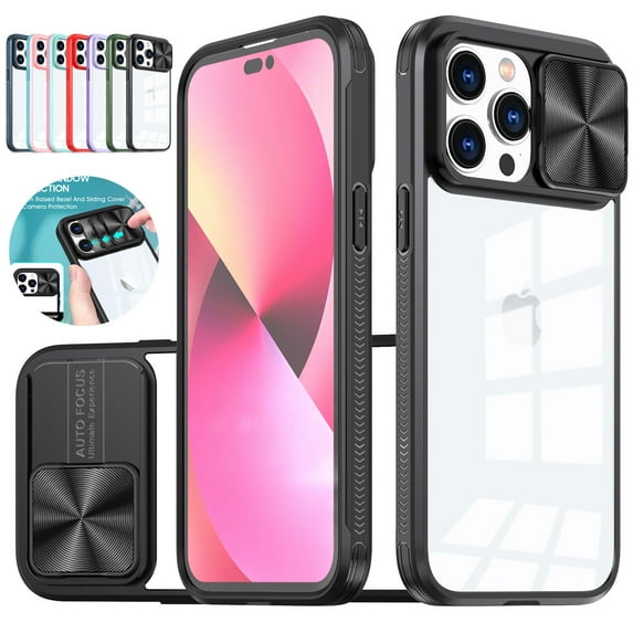 For iPhone 14 Pro Max/14 Pro/14 Cover,Shockproof Luxury Full Body Slide Camera Cover Case,TPU Stand Case Cover