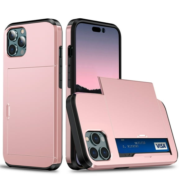 For iPhone 14 Pro Max 6.7 inch Case, Case Wallet with Slide Card Holder Slot Slim Dual Layer Heavy Duty Shockproof Hard PC Hybrid TPU Phone Flip Protective Cover for iPhone 14 Pro Max 2022, Rosegold