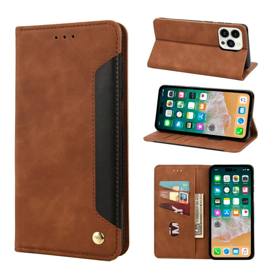 For iPhone 14 Pro Max Case Vintage PU Leather Wallet Case TPU Bumper [RFID Blocking Card Slots] [Hands-Free Kickstand] [Magnetic Closure] Shockproof Flip Folio Case For iPhone 14 Pro Max,Brown