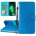 thumbnail image 1 of For iPhone 14 Pro Max Wallet Case Bling Shiny Premium PU Leather with RFID Blocking Card Slots Holder Magnetic Flip Kickstand Shockproof Wrist Strap Cover For iPhone 14 Pro Max, Blue, 1 of 7