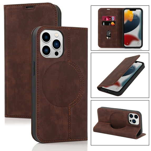 For iPhone 14 Pro Max Wallet Case Magnetic Closure Design Wireless Charging Full Coverage Dustproof Anti-Scratch Anti-Fingerprint Card Pockets Kickstand Convenient Call Phone Case,Coffee