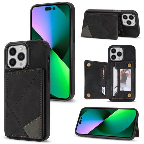 For iPhone 14 Pro Phone Case Card Slots Metal Buttons Convenient Kickstand Synthetic Leather Lightweight Plain Slim  Shockproof Anti-Fingerprint Phone Cover for Women or Men,Black