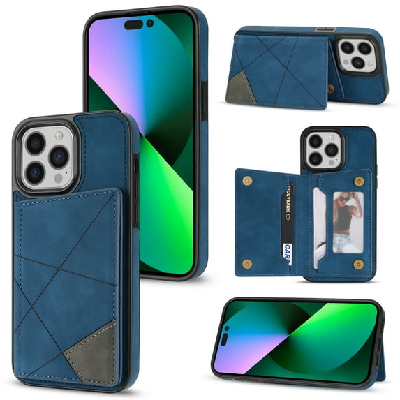 For iPhone 14 Pro Phone Case Card Slots Metal Buttons Convenient Kickstand Synthetic Leather Lightweight Plain Slim Shockproof Anti-Fingerprint Phone Cover for Women or Men,Blue