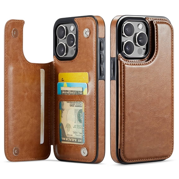 For iPhone 14 Pro Wallet Case with Card Holder, PU Faux Leather Kickstand Card Slots Case, Double Magnetic Clasp and Durable Shockproof Cover