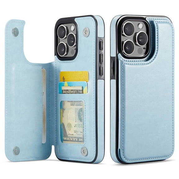For iPhone 14 Pro Wallet Case with Card Holder, PU Faux Leather Kickstand Card Slots Case, Double Magnetic Clasp and Durable Shockproof Cover