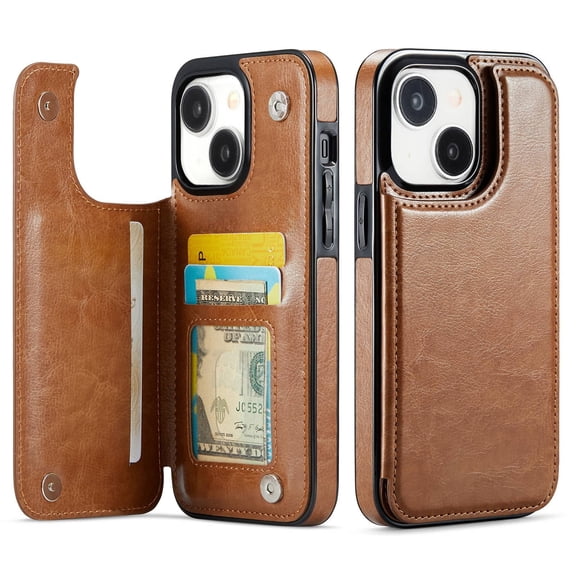 For iPhone 14 Wallet Case with Card Holder, PU Faux Leather Kickstand Card Slots Case, Double Magnetic Clasp and Durable Shockproof Cover