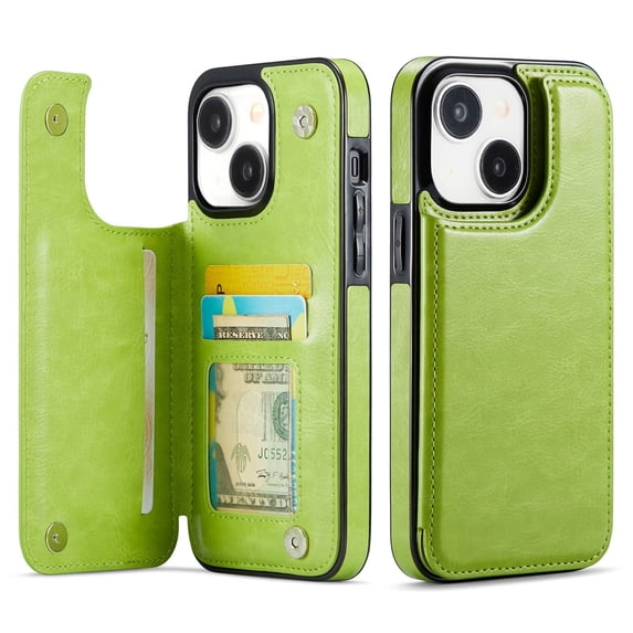 For iPhone 14 Wallet Case with Card Holder, PU Faux Leather Kickstand Card Slots Case, Double Magnetic Clasp and Durable Shockproof Cover