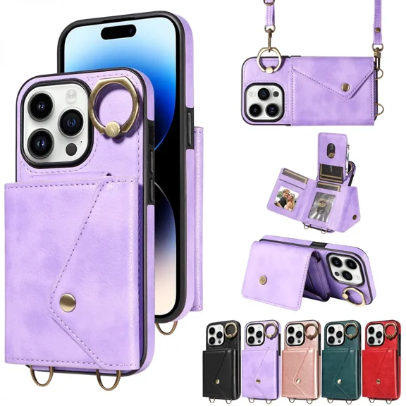 For iPhone 14 phone case, cross shaped wallet case with card clip, shock-absorbing flip phone case with long shoulder strap