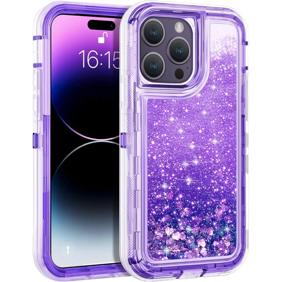 For iPhone 15/14 Pro Max/Plus/Pro Shockproof Liquid Glitter Defender Case