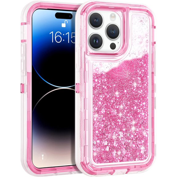 For iPhone 15/14 Pro Max/Plus/Pro Shockproof Liquid Glitter Defender Case