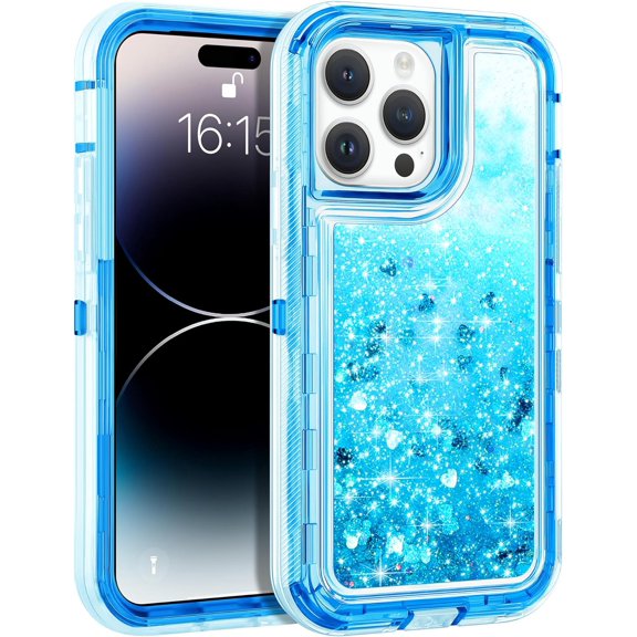 For iPhone 15/14 Pro Max/Plus/Pro Shockproof Liquid Glitter Defender Case