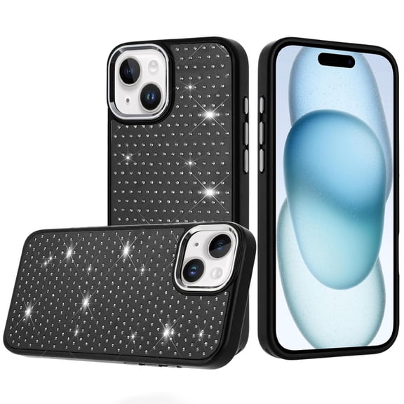 For iPhone 15 Beautiful Diamond Metallic Design Metal Chrome Edged Hybrid - Black