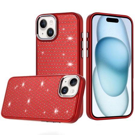 For iPhone 15 Beautiful Diamond Metallic Design Metal Chrome Edged Hybrid - Red