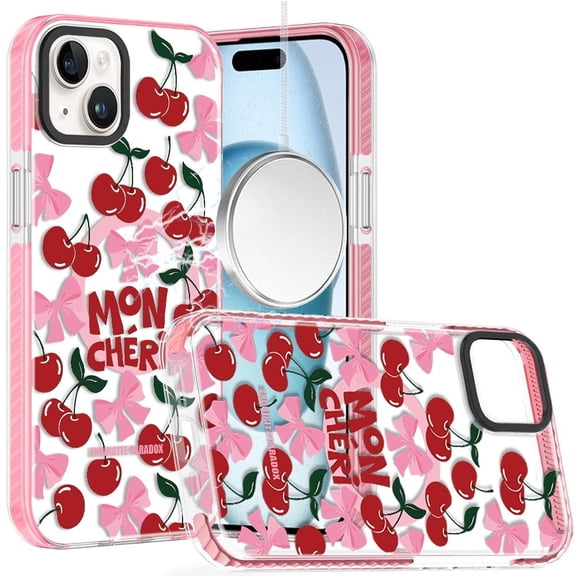 For iPhone 15 Beautiful Magnetic Hybrid IMD Design Case - Red Cherries