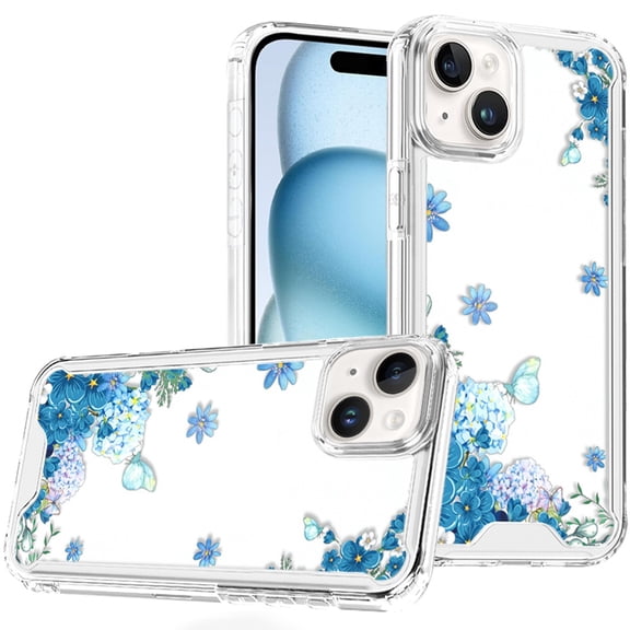 For iPhone 15 Beautiful TPU Designs Case Case - Blue Floral Cascade with Sparkles