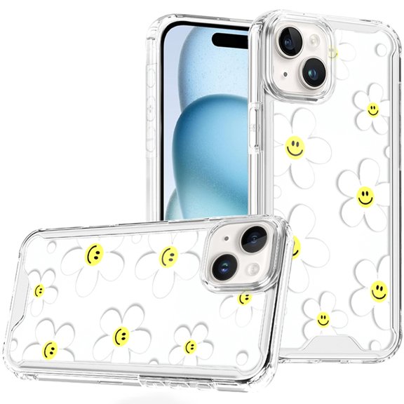 For iPhone 15 Beautiful TPU Designs Case Case - White Daisies with Yellow Smiley Faces