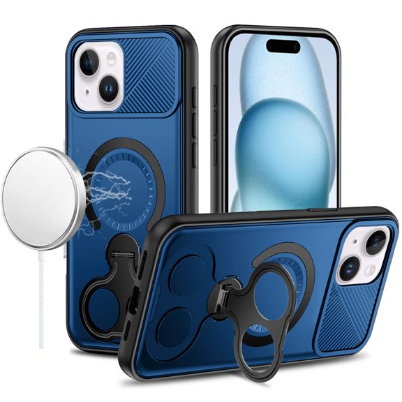 For iPhone 15 Car Mount with 2-Ring Stand Hybrid Case - Blue