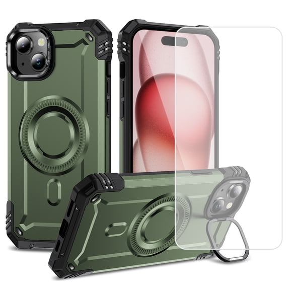 For iPhone 15 Case with Camera Ring Stand, [With Screen Protector (Tempered Film)][Compatible with MagSafe] [Built-in Kickstand] Heavy Duty Rugged Shockproof Magnetic Phone Case,Armygreen