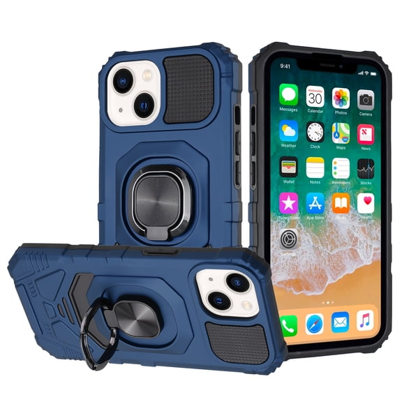For iPhone 15 Case Shockproof Dual Layer Magnetic RingStand + 2 Tempered Glass