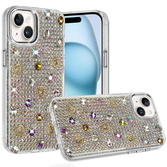 For iPhone 15 Charming Hearts Bling Diamonds Stones Chrome Hybrid Case - Silver