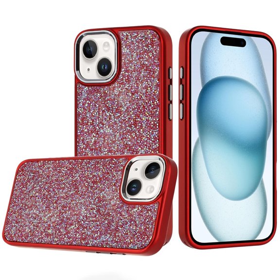 For iPhone 15 Crystal Glass Diamond with Metallic Buttons and Edges Hybrid Case - Red