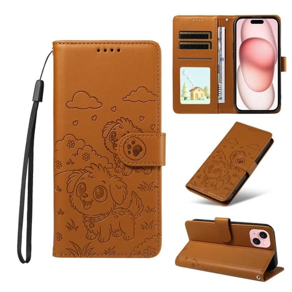 For iPhone 15 Litter Dog Embossing Leather Phone Case with RFID Blocking Card Slot Wallet Magnetic Clasp Lanyard Flip Stand Case,Brown,For iPhone 15
