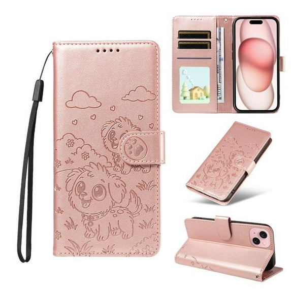 For iPhone 15 Litter Dog Embossing Leather Phone Case with RFID Blocking Card Slot Wallet Magnetic Clasp Lanyard Flip Stand Case,Pink,For iPhone 15