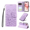 thumbnail image 1 of For iPhone 15 Litter Dog Embossing Leather Phone Case with RFID Blocking Card Slot Wallet Magnetic Clasp Lanyard Flip Stand Case,Purple,For iPhone 15, 1 of 8