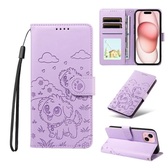 For iPhone 15 Litter Dog Embossing Leather Phone Case with RFID Blocking Card Slot Wallet Magnetic Clasp Lanyard Flip Stand Case,Purple,For iPhone 15