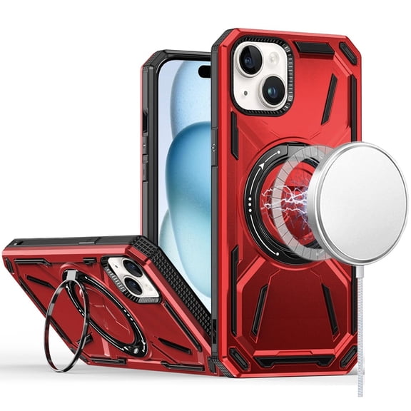 For iPhone 15 Case Magnetic Circle Metal Stand Shockproof + 2 Tempered Glass