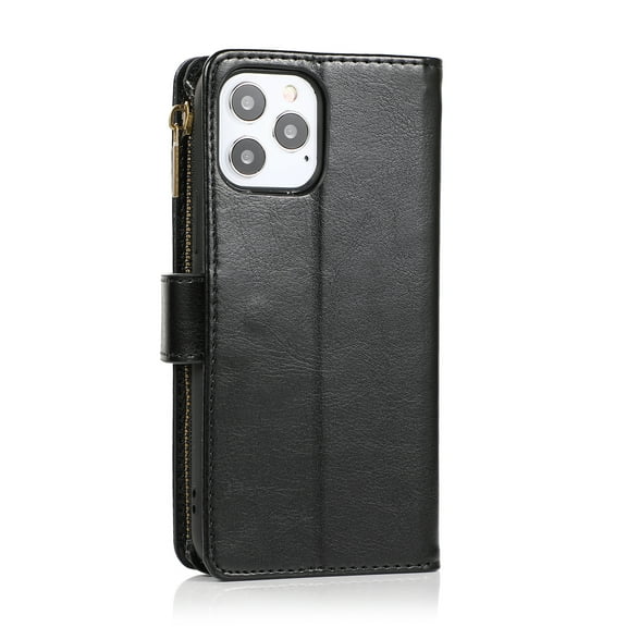 For iPhone 15 Luxury Wallet Card ID Zipper Money Holder Case Cover - Black