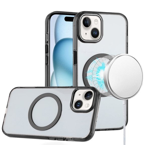 For iPhone 15 Magnetic Circle Ring Transparent Premium Acrylic with Metal Buttons & Camera Raised Lip - Black