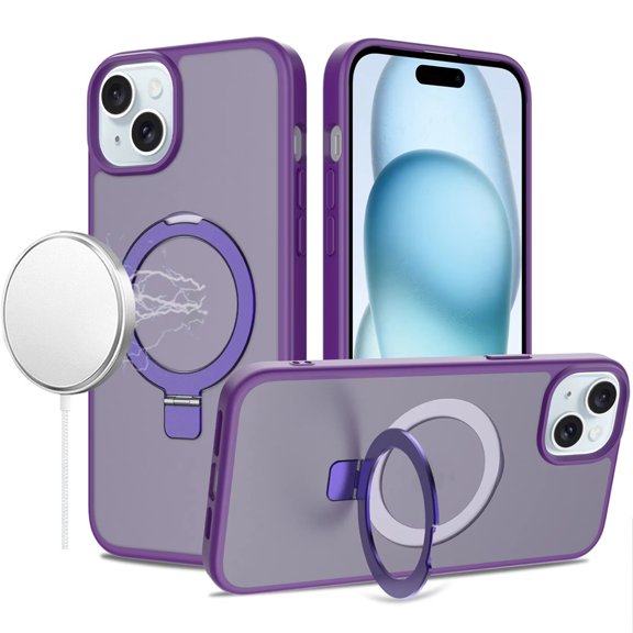 For iPhone 15 Magnetic Matching Ring Stand Full Rotation Matte Hybrid - Dark Purple