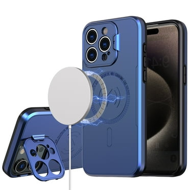 For iPhone 15 Magnetic Ring Circle Camera Cap KickStand Hybrid UV Paint Matte Finish Case - Blue