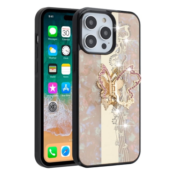 For iPhone 15 Plus SPLENDID Diamond Glitter Ornaments Engraving Case Cover - Enchanted Butterfly Gold
