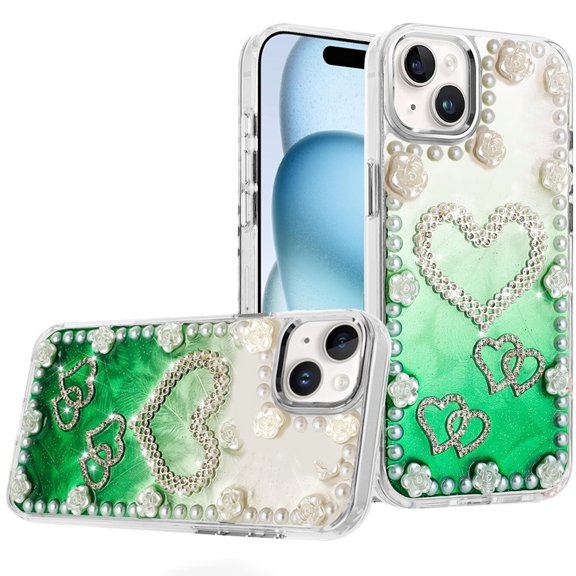 For iPhone 15 Pearls Epoxy Glitter Ornaments Design Chrome Edged Case - 5