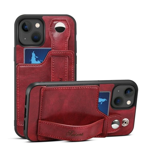 For iPhone 15 Phone Case Raised Edges Protection Adjustable Wrist Strap Design PU Leather Card Pocket Kickstand Luxury Shockproof Lightweight Phone Cover for iPhone 15,Red
