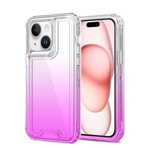 For iPhone 15 Plus 3in1 Two Tone Shockproof Transparent Hybrid Case - Clear + Purple