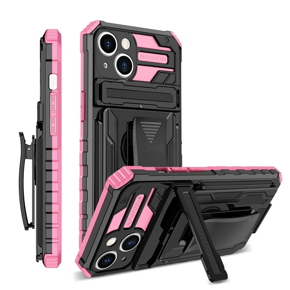 For iPhone 15 Plus Case with Belt Clip Holster, Heavy Duty Military Grade Drop Protective, 360° Rotating Kickstand Shockproof TPU Shell Durable Rugged Cover For iPhone 15 Plus, Pink