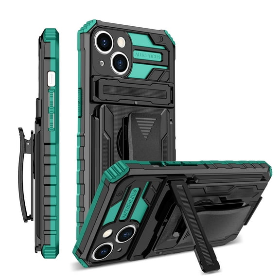 For iPhone 15 Plus Case with Belt Clip Holster, Heavy Duty Military Grade Drop Protective, 360° Rotating Kickstand Shockproof TPU Shell Durable Rugged Cover For iPhone 15 Plus, Darkgreen