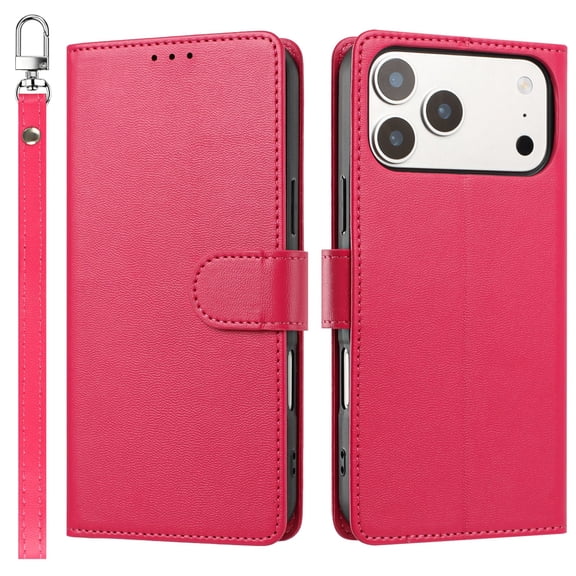 For iPhone 15 Plus Classic Leather Wallet Folio Case with wrist strap - Hot Pink