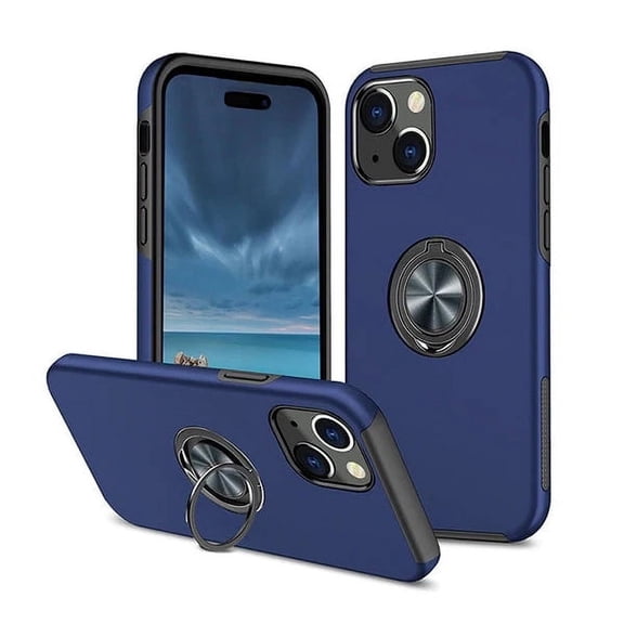 For iPhone 15 Plus Heavy Duty with Built in Ring Case, Kickstand Rugged Phone Cover Magnetic Car Mount Compatible - Blue