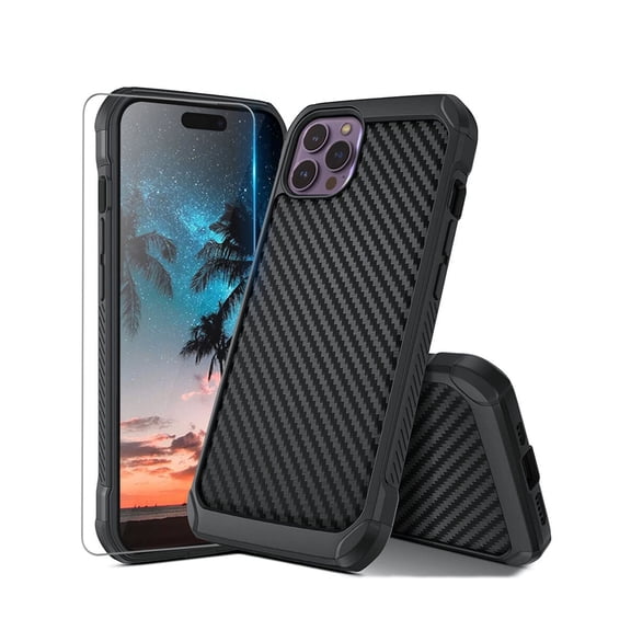 For iPhone 15/Plus/Pro/Max Carbon Fiber Hard Case + Tempered Glass Screen Protector