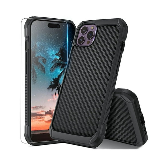 For iPhone 15/Plus/Pro/Max Carbon Fiber Hard Case + Tempered Glass Screen Protector