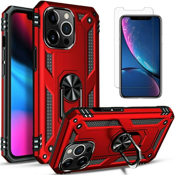For iPhone 15 Plus Pro Max Case Shockproof iPhone Cover with Screen Protector and Ring Holder, Red