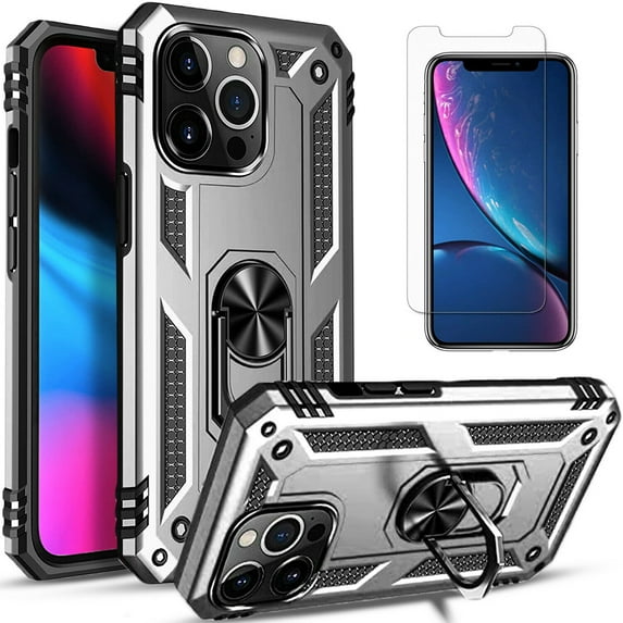 For iPhone 15 Plus Pro Max Case Shockproof iPhone Cover with Screen Protector and Ring Holder, Silver