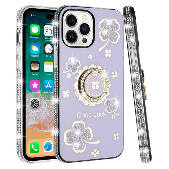 For iPhone 15 Plus Splendid Glitter with Diamonds All Around Edges Ring Stand Case Cover - Purple