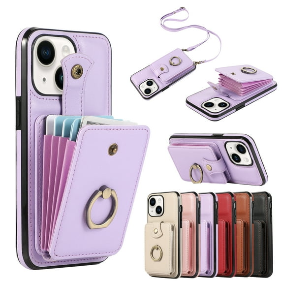 For iPhone 15 Plus Wallet Case, Multiple Cards Holder Crossbody Shoulder Strap Ring Holder Kickstand Premium PU Leather Shockproof Lightweight Phone Case for Apple iPhone 15 Plus, Purple